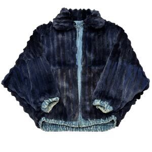 Vintage Reversible Rabbit Fur Denim Jacket Batwing Cropped Oversized Womens M